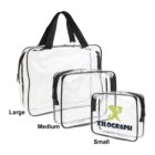 Three clear zippered bags labeled large, medium, and small with black trim and handles.