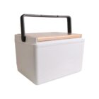 A white rectangular cooler box with a black handle and a wooden lid.