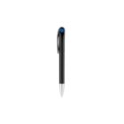 A sleek black pen with a blue accent at the top, featuring a clip on its side, and a silver tip, against a white background.