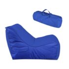 Blue bean bag chair with side pocket, featuring a curved design for lounging comfort. Above it is a matching blue carrying bag with handles.