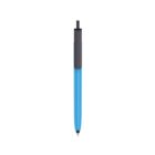 A blue ballpoint pen with a black clicker and grip, isolated on a white background.