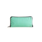 A mint green pencil case with a black zipper and a silver zipper pull, set against a white background.