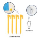 Image showing four yellow anchor stakes and a metal carabiner. Insets demonstrate an anchor stake securing a rope to the ground and the carabiner attached to a looped rope. Labels indicate Anchor Stakes and Carabiner.