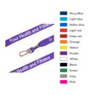 A purple lanyard with Your Health and Fitness text next to a color swatch with labels: Navy Blue, Light blue, Reflex Blue, Light red, Deep red, Orange, Yellow, Purple, White, Black, Green, Grey, Pink.
