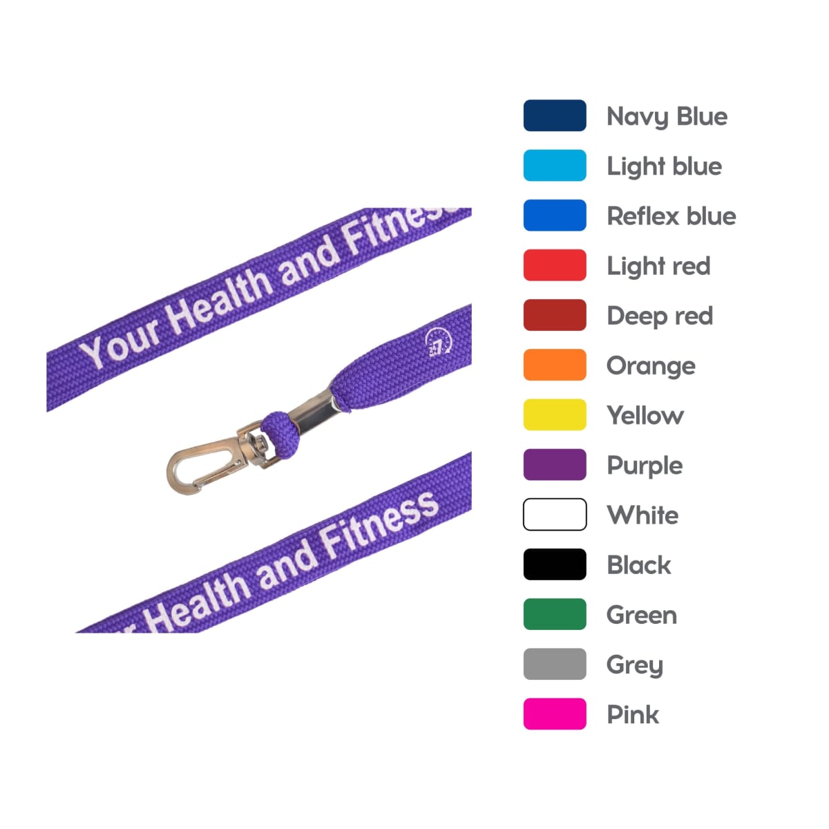 A purple lanyard with Your Health and Fitness text next to a color swatch with labels: Navy Blue, Light blue, Reflex Blue, Light red, Deep red, Orange, Yellow, Purple, White, Black, Green, Grey, Pink.