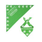 Green bandana with white paw prints and the words Farmington Valley Orthodontics printed on it. The bandana is shown unfolded in a triangle shape and also tied in a smaller triangular form.