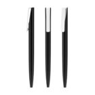 Three sleek black pens are shown from different angles: left-side view, front view, and right-side view. Each pen has a silver clip at the top. The pens are uniformly designed with a minimalist aesthetic.