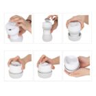 A sequence of images showing hands opening and closing a collapsible, white silicone container with a lid. The container shifts from a compact form to a more extended shape and back to compact.