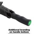 A black umbrella with a textured handle, featuring branding at the bottom. The umbrella is partially open, displaying its rib structure. Bold text below reads, Additional branding on handle bottom.