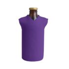 A brown glass bottle with a gold cap is wrapped in a purple, sleeveless sweater-shaped cover, resembling a miniature sweater vest. The cover has a V-neck design. The background is plain white.