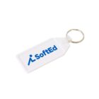 A white plastic key tag with a metal ring, featuring the blue logo and text SoftEd on its surface.