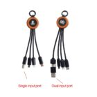 Two multi-charging cables with wooden tops and keyring loops. The left cable has a single input port and multiple output connectors. The right cable features a dual input port with similar outputs. Both have black braided cords.