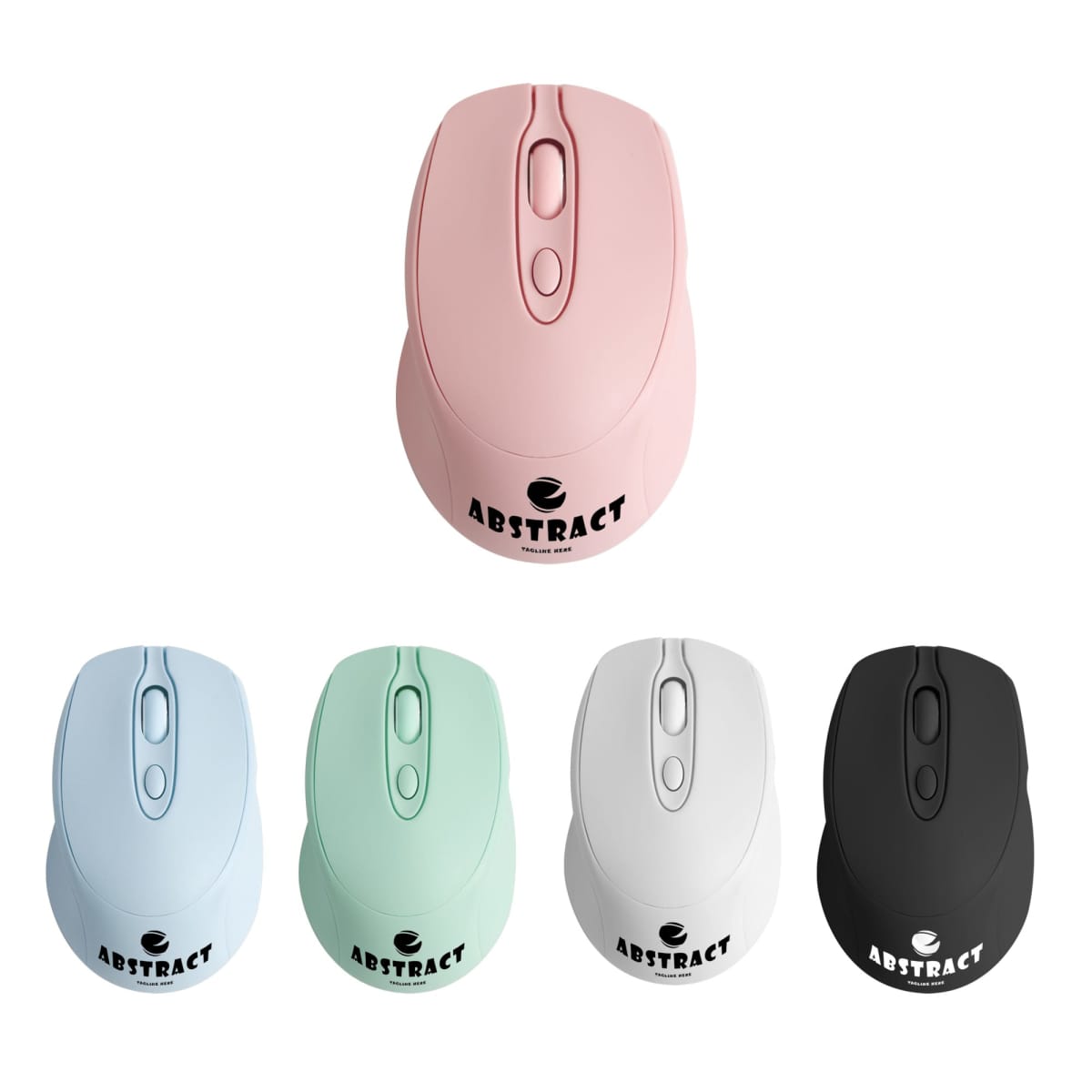 Five wireless mice in pastel and black colors, displayed in a row.