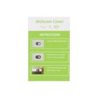 Green and white instruction card for a webcam cover. It includes three steps with images: 1. Remove tape liner. 2. Position the cover over the camera lens and press. 3. Slide right or left to open or close.
