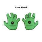 Two green foam hands with claw-like fingers, each featuring a company logo and tagline. The hands are against a white background with Claw Hand text above them.