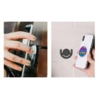 Two images show a phone grip. The left image captures a hand holding a phone with a circular grip attached to its back. The right image displays a phone mounted on a hook using the same circular grip, highlighting its versatility.