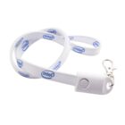 A white lanyard featuring the Intel logo in blue, repeated along its length. It has a detachable clip with a push button and a metal swivel hook at the end.