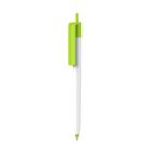 A white ballpoint pen with a green clip and top, isolated on a white background.