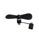 A small, black portable fan with two blades and a USB connector, designed to attach to a mobile device. The fan has a compact design with a digital interface plug, suitable for on-the-go use.