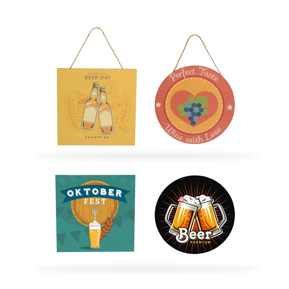 Four decorative signs. Top left: Two beer bottles, International Beer Day. Top right: Wine glass with grapes, Perfect Taste. Bottom left: Beer mug, Oktober Fest. Bottom right: Two clinking beer mugs, Premium Beer.