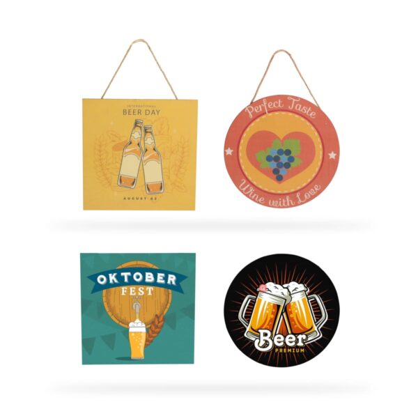 Four decorative signs: a square with two beer bottles and Beer Day text, a circle with a wine bottle and heart design, a rectangle with a beer glass and Oktober Fest text, and a circle with clinking beer mugs and Beer Premium text.