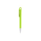 A bright green pen with a silver tip and a clip on the side, placed vertically against a plain white background.
