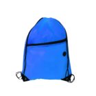 A blue drawstring backpack with black details. It features a single front zipper pocket and black drawstrings.