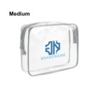 Clear medium-sized zippered pouch with gray trim and a blue logo reading Brandname.
