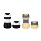 Four reusable coffee cups with lids: two black and white cups on the left, and two beige and gray cups on the right, varying in size and shape.