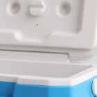 Open blue and white plastic cooler with a hinged lid. The lid has circular indentations and a latch. The interior is empty, showcasing its smooth surface and clean design. The image highlights the coolers functional and practical aspects.
