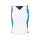 A blue and white sleeveless vest with visible zigzag stitching along the sides, displayed against a plain white background. The vest has a V-shaped neck and contrasts blue sides with a white front panel.