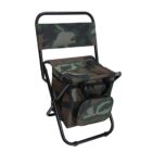 A foldable chair with a camo pattern featuring a built-in cooler bag and a small front pocket. The chair has a black metal frame and is designed for portability and outdoor use.