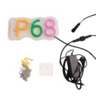 Overhead view of an LED neon light reading IP68 in orange, yellow, pink, and green, with a power adapter, connecting cables, wall mounting kit, and screws.
