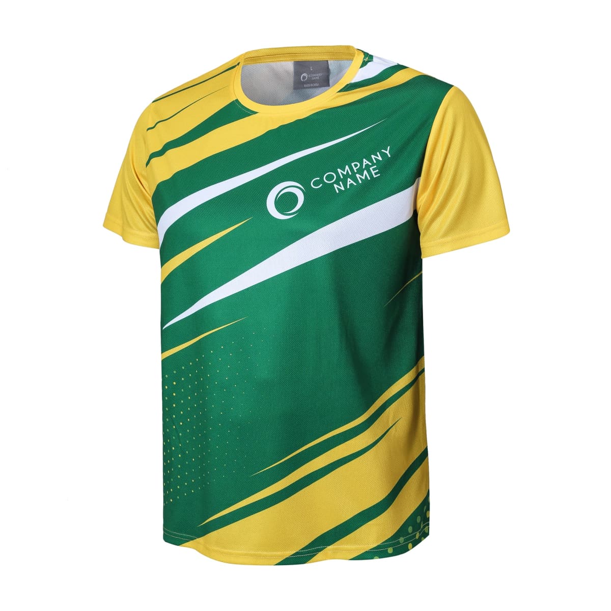 A yellow and green sports jersey with abstract stripes and a white logo on the chest. The logo area is marked Company Name. The shirt has short sleeves and a round neckline.