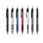 Seven retractable pens with black grips and clips are lined up. The pens have barrels in different colors: black, gold, blue, red, silver, white, and bronze.