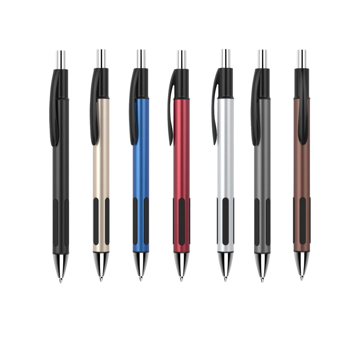 Seven retractable pens with black grips and clips are lined up. The pens have barrels in different colors: black, gold, blue, red, silver, white, and bronze.