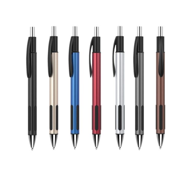 A row of seven retractable pens with black grips, displayed in different colors: black, gold, blue, red, silver, gray, and brown. Each pen has a metal clip and a sleek design.