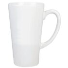 A tall, white ceramic mug with a simple, smooth finish. It has a curved handle and a slightly tapered design, giving it a sleek and minimalist appearance.