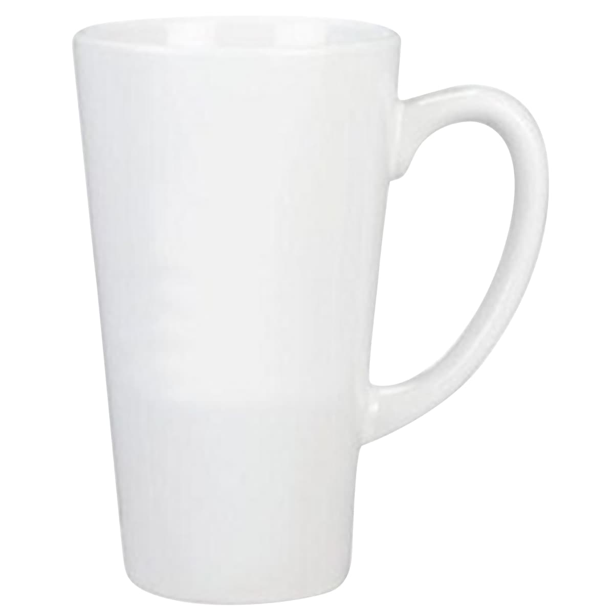 A tall, white ceramic mug with a simple, smooth finish. It has a curved handle and a slightly tapered design, giving it a sleek and minimalist appearance.