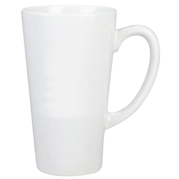 A tall, white ceramic mug with a curved handle, positioned on a plain white background.