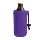 A brown glass bottle with a gold cap is placed inside a purple neoprene sleeve, which has a black drawstring and toggle for securing the bottle.