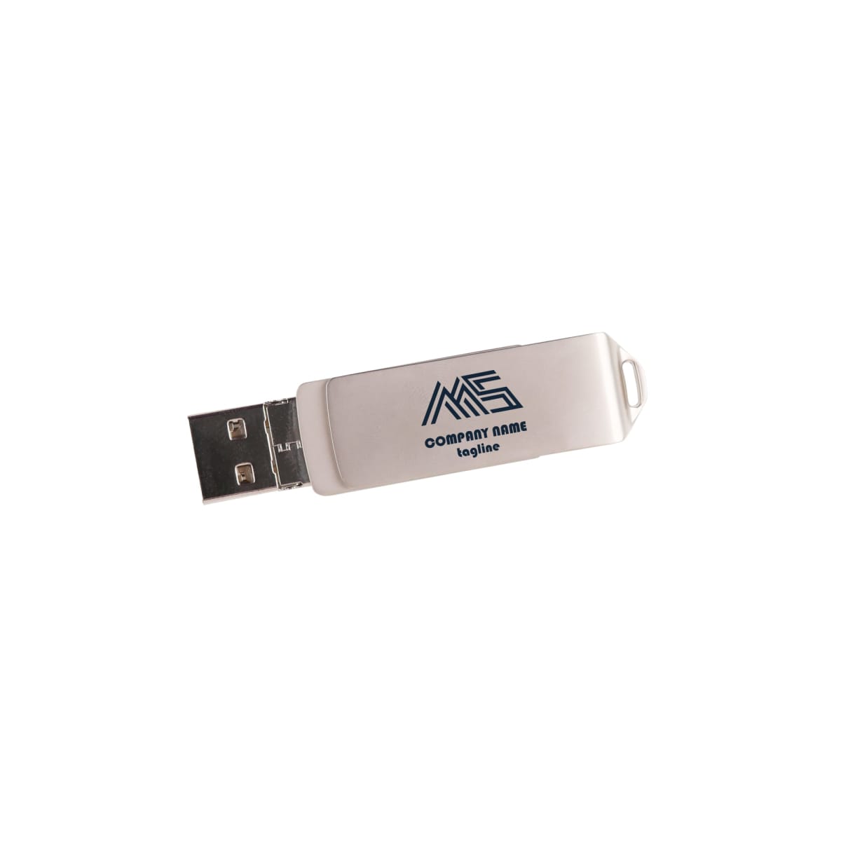 Silver USB flash drive with a visible metal plug and a white plastic cover. The cover features a dark blue logo and placeholder text reading Company Name and tagline. The drive is displayed against a plain white background.
