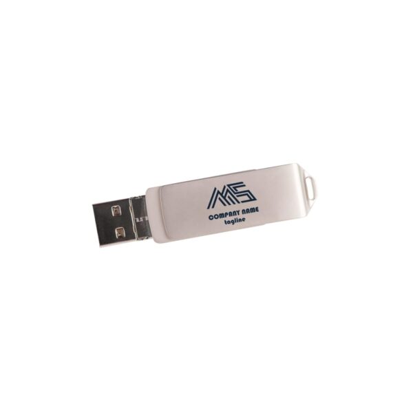 A silver USB flash drive with a logo and placeholder text for company name and tagline. It has a rectangular shape and a standard USB connector. The flash drive is isolated on a white background.