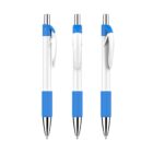 Three identical blue and white retractable ballpoint pens are shown standing upright side by side. Each pen has a blue grip, a silver tip, and a blue clip on the white barrel.