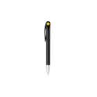A sleek black pen with a silver tip and a yellow button on the clip. The pen is centered on a plain white background.