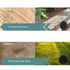 A guide showing surface preferences for a product: top left for boards, top right for tiles with a plant shadow, bottom left for carpets, and bottom right for lawns. Each section indicates to place the foam or smooth side down.
