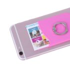Smartphone with a pink cardholder attached to the back, featuring a silver ring holder. A colorful business card is partially visible inside the cardholder. The phones rear camera and edges are shown.