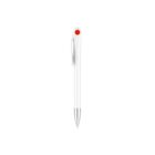 A sleek white pen with a silver tip and a red dot on the top of the clip, isolated on a white background.