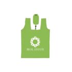 A green reusable shopping bag with a white geometric logo resembling interconnected gears and the words REAL ESTATE beneath it. A small green storage pouch is attached to the handle.