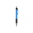 A blue and black retractable pen with a clip, positioned vertically on a white background.